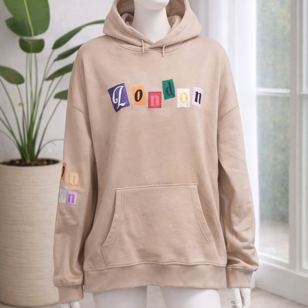 NO COMMENTS /Beige Hoodie with Vibrant London Design size XL
